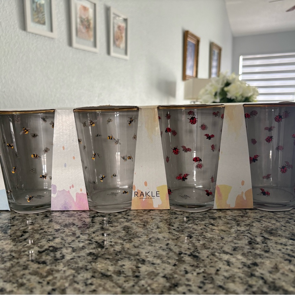 Bee and Ladybug Glass Tumbler Set of four Clear with Yellow and Red Accents